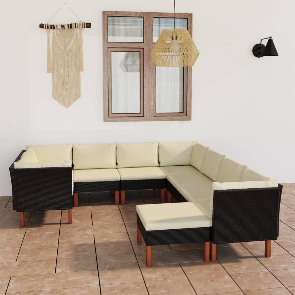 vidaXL 9 pcs conjunto lounge de jardim c/ almofadões vime PE preto