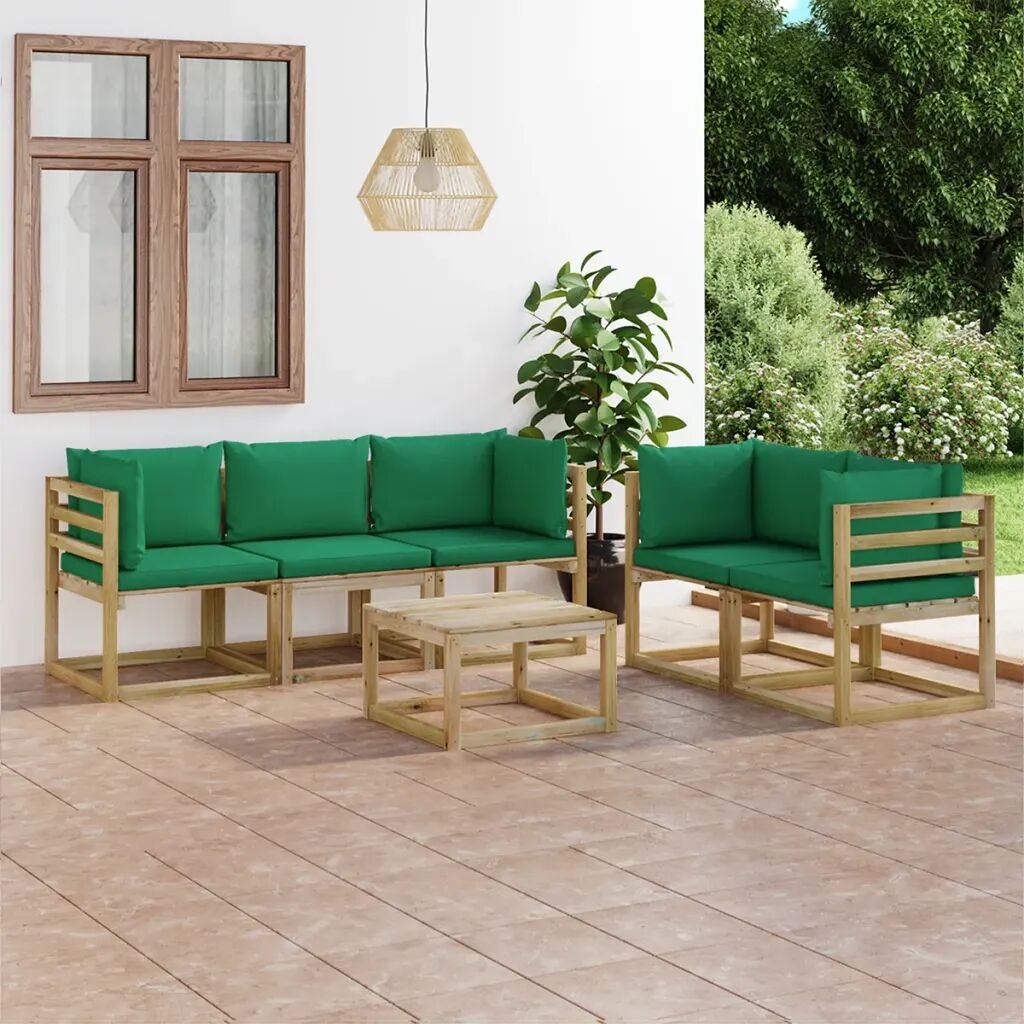 vidaXL 6 pcs conjunto lounge de jardim com almofadões verdes