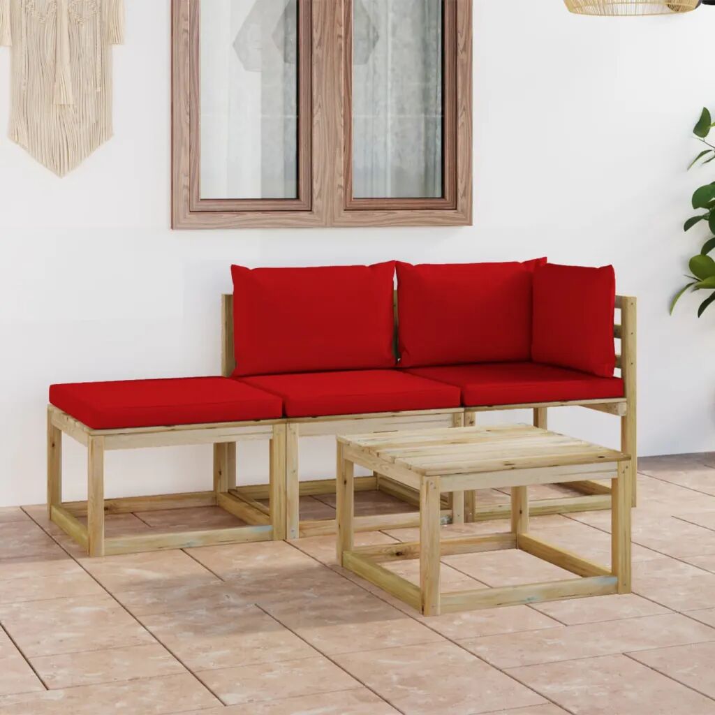 vidaXL 4 pcs conjunto lounge de jardim com almofadões vermelhos