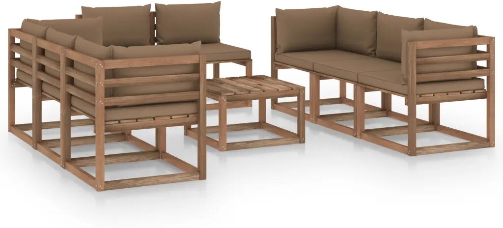 vidaXL 9 pcs conjunto lounge p/ jardim c/ almofadões cinza-acastanhado