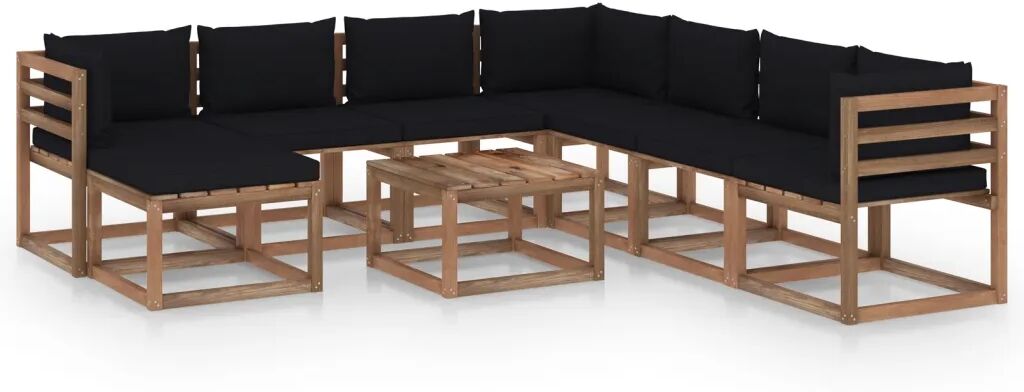 vidaXL 9 pcs conjunto lounge para jardim com almofadões pretos