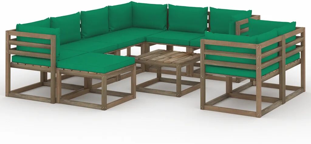 vidaXL 10 pcs conjunto lounge de jardim com almofadões verdes