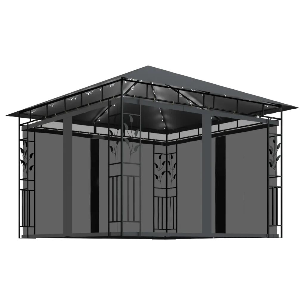 vidaXL Gazebo c/ mosquiteiro e cordões luzes LED 3x3x2,73m antracite