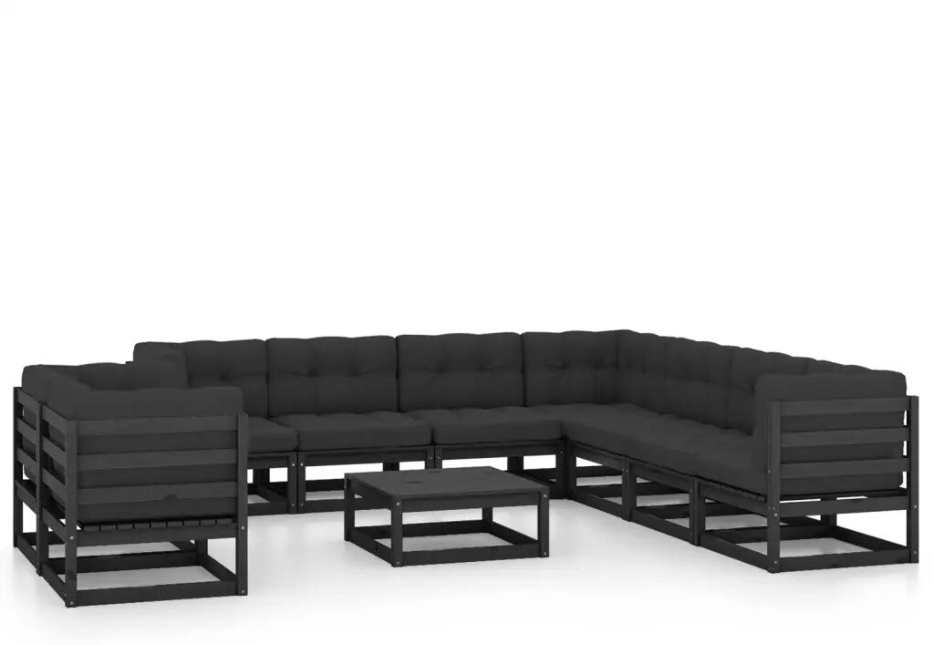 vidaXL 10 pcs conjunto lounge jardim c/ almofadões pinho maciço preto