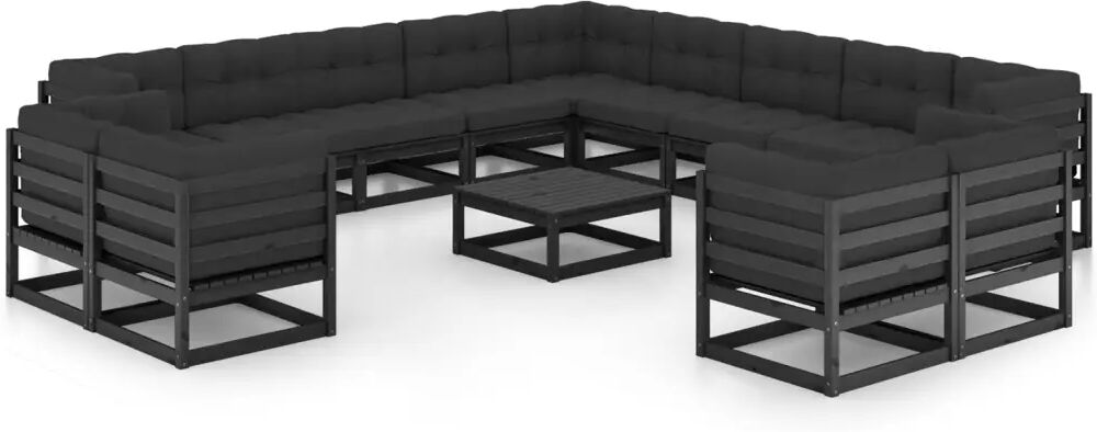 vidaXL 14 pcs conjunto lounge jardim c/ almofadões pinho maciço preto