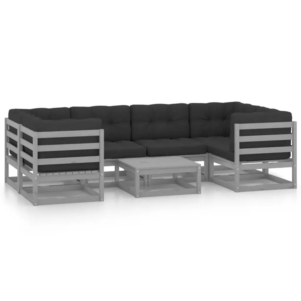 vidaXL 7 pcs conj. lounge jardim c/ almofadões pinho maciço cinzento