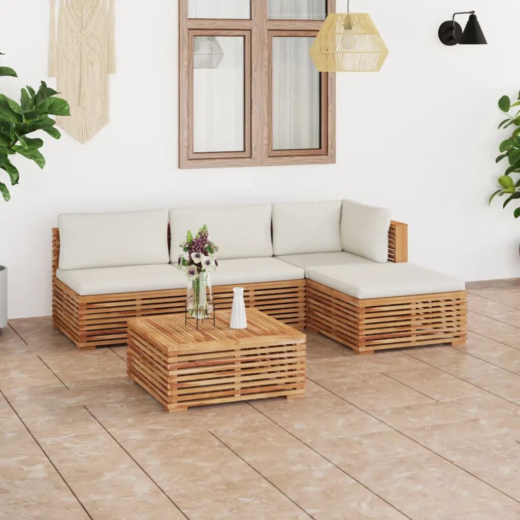 vidaXL 5 pcs conjunto lounge jardim c/ almofadões creme teca maciça