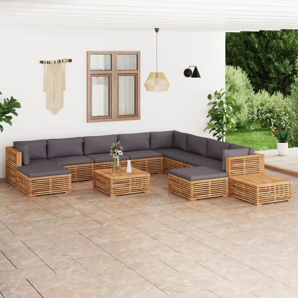 vidaXL 12pcs conj. lounge jardim + almofadões cinza-escuro teca maciça