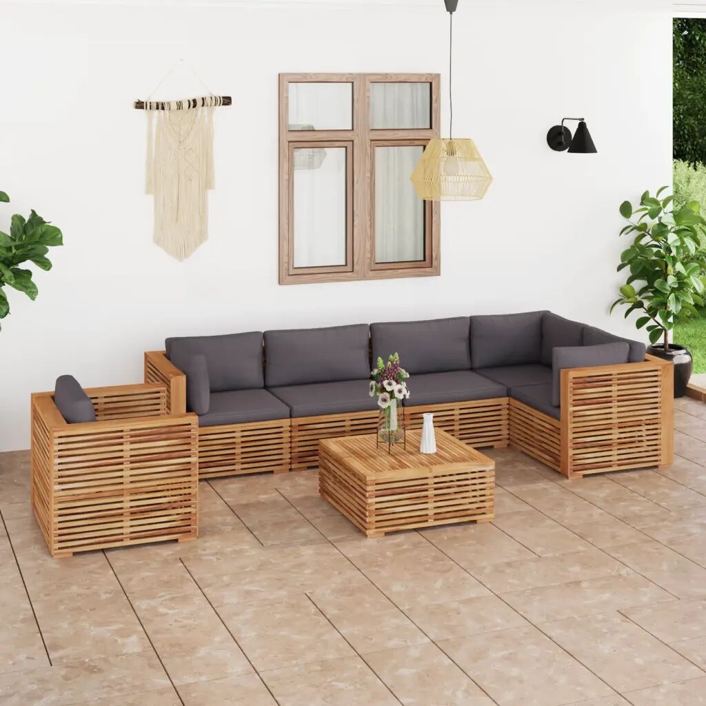 vidaXL 7 pcs conj. lounge jardim + almofadões cinza-escuro teca maciça