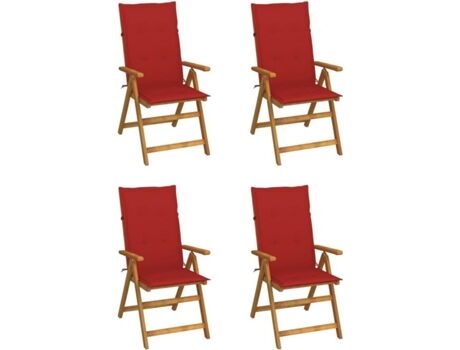 Vidaxl Conjunto 4 Cadeiras de Jardim Reclináveis com Almofadas (Vermelho - Madeira - 57x69x111 cm)