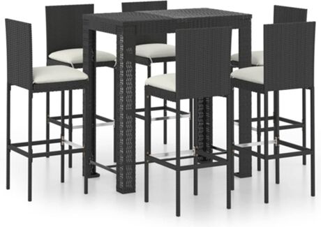 Vidaxl Conjunto de Bar 7 Peças com Almofadas (Preto - Rattan - 100x60,5x110,5 cm)