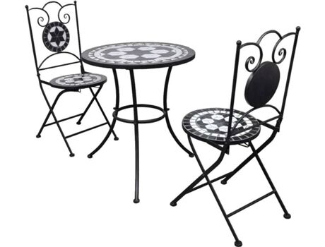Vidaxl Conjunto 2 cadeiras e mesa azulejos de cerâmica preto e branco
