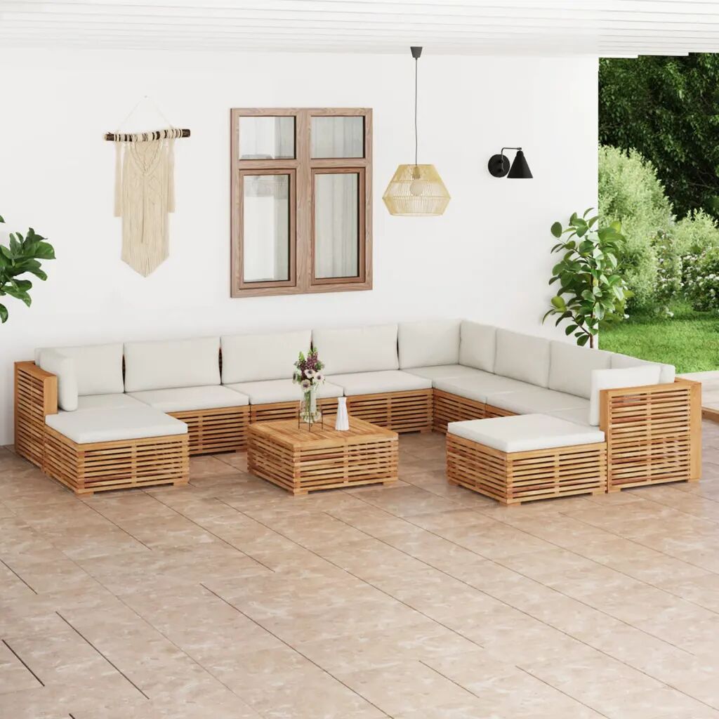 vidaXL Set mobilier de grădină cu perne crem, 11 piese, lemn masiv tec
