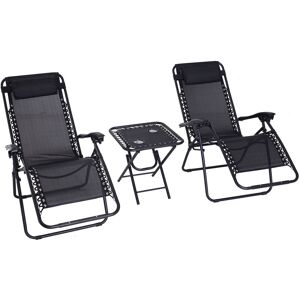 3PC Zero Gravity Chairs Sun Lounger Table Set w/ Cup Holders Black - Black - Outsunny