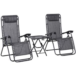 3PC Zero Gravity Chairs Sun Lounger Table Set w/ Cup Holders Light Grey - Light Grey - Outsunny