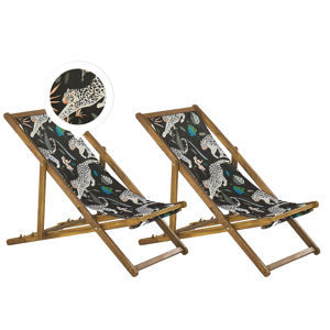 Beliani Set of 2 Garden Deck Chairs Light Acacia Wood Frame Animal Pattern Replacement Fabric Hammock Seat Reclining Folding Sun Lounger Material:Polyester Size:97/99/101x70/76/84x54
