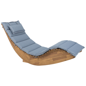 Beliani Sun Lounger Light Acacia Wood Slatted Design Rocking Feature Curved Shape with Blue Seat Cushion  Material:Acacia Wood Size:60x100x180