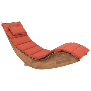 Beliani Sun Lounger Light Acacia Wood Slatted Design Rocking Feature Curved Shape with Red Seat Cushion  Material:Acacia Wood Size:60x100x180