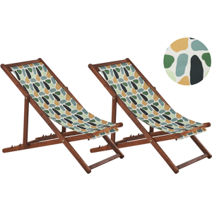 Beliani Set of 2 Garden Deck Chairs Dark Acacia Wood Frame Geometric Pattern Replacement Fabric Hammock Seat Reclining Folding Sun Lounger Material:Polyester Size:97/99/101x70/76/84x54