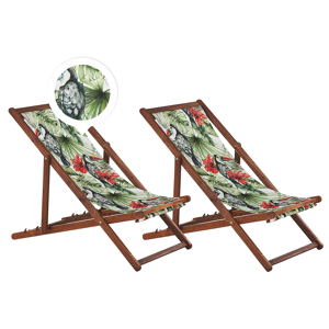 Beliani Set of 2 Garden Deck Chairs Dark Acacia Wood Frame Toucan Pattern Replacement Fabric Hammock Seat Reclining Folding Sun Lounger Material:Polyester Size:97/99/101x70/76/84x54
