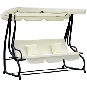 Outsunny 2-in-1 Garden Swing Seat Bed 3 Seater Swing Chair Hammock Bench Bed with Tilting Canopy and 2 Cushions, Cream White