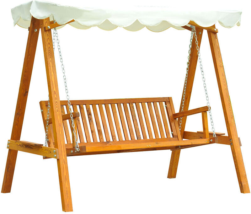 Swing Chair 3 Seater Swinging Wooden Hammock Garden Seat Outdoor Canopy Cream - Cream - Outsunny