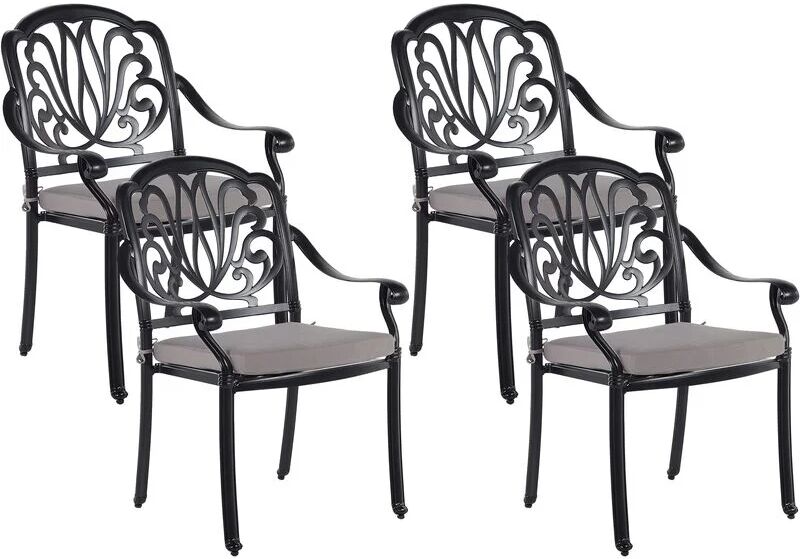 BELIANI Set of 4 Vintage Garden Outdoor Dining Chairs Black Aluminium Cushions Ancona