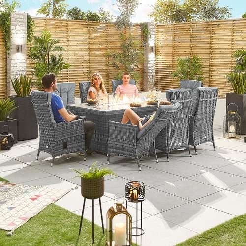 Blakesleyâ€™s Nova -  Ruxley Reclining 8 Seat Dining Set with FirePit - 2m x 1m Rectangular Table - Grey