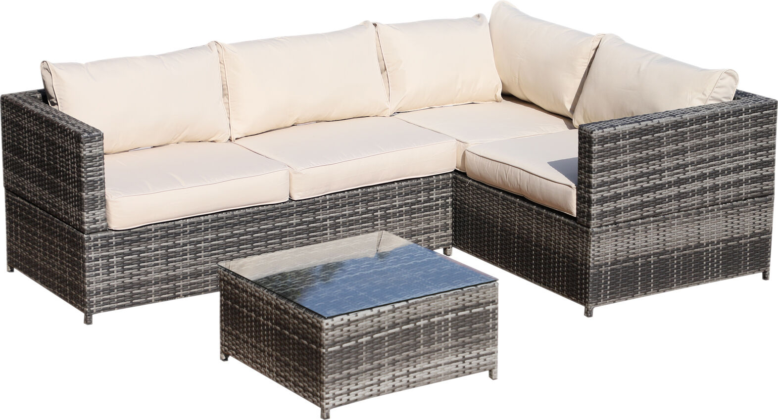 Outsunny 4-Seater Rattan Garden Furniture Outdoor Patio Corner Sofa Chair Set with Coffee Table Thick Cushions, Beige