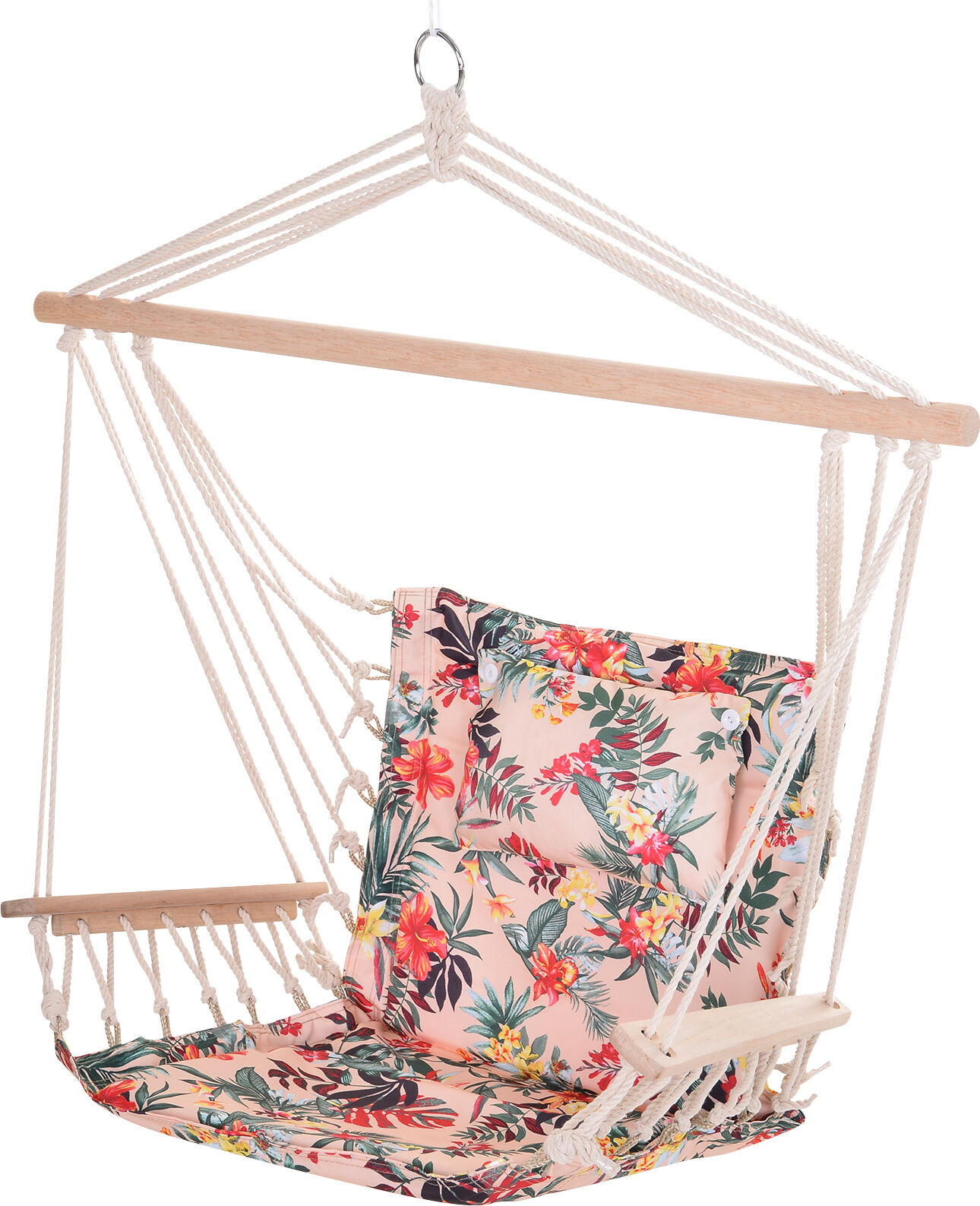 Outsunny Garden Outdoor Hanging Hammock Chair Thick Rope Frame Wooden Arms Safe Wide Seat Garden Outdoor Spot Stylish Multicoloured floral