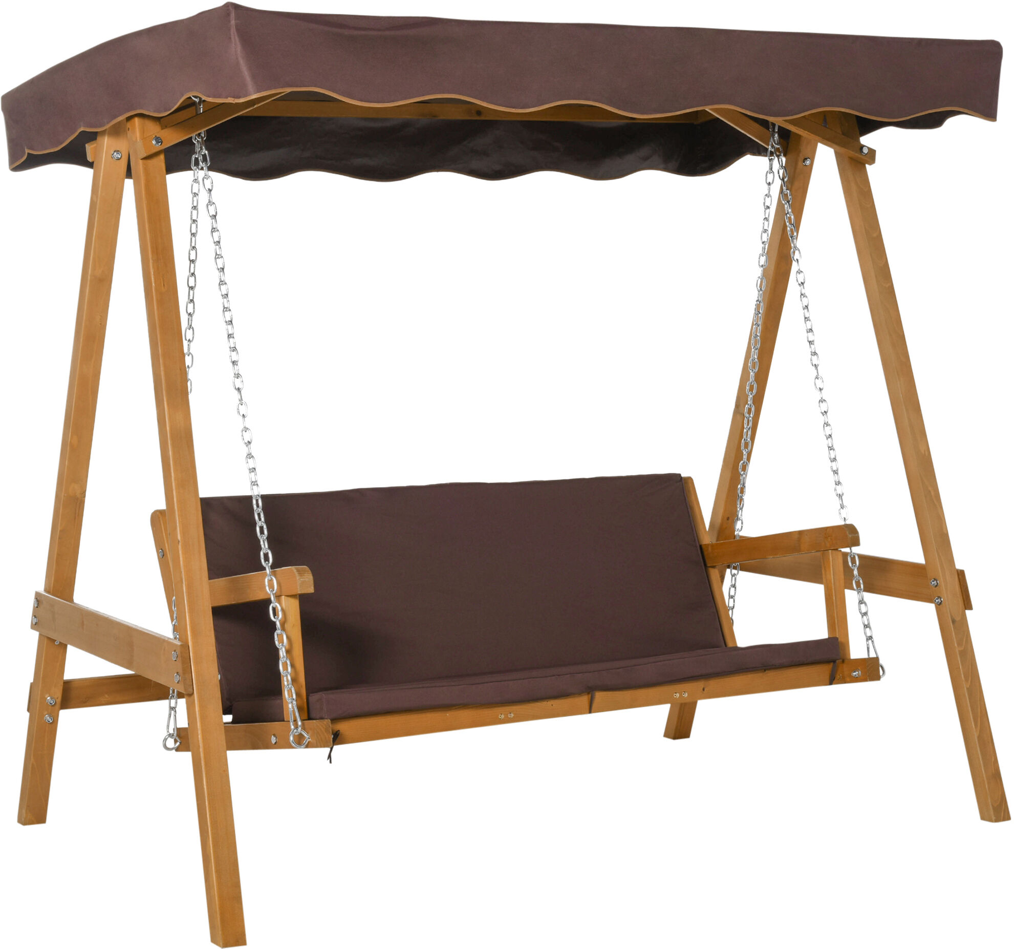 Outsunny 3 Seater Outdoor Garden Swing Chair with Adjustable Canopy, Wooden Hammock Bench with  Padded Cushions for Patio Yard, Brown