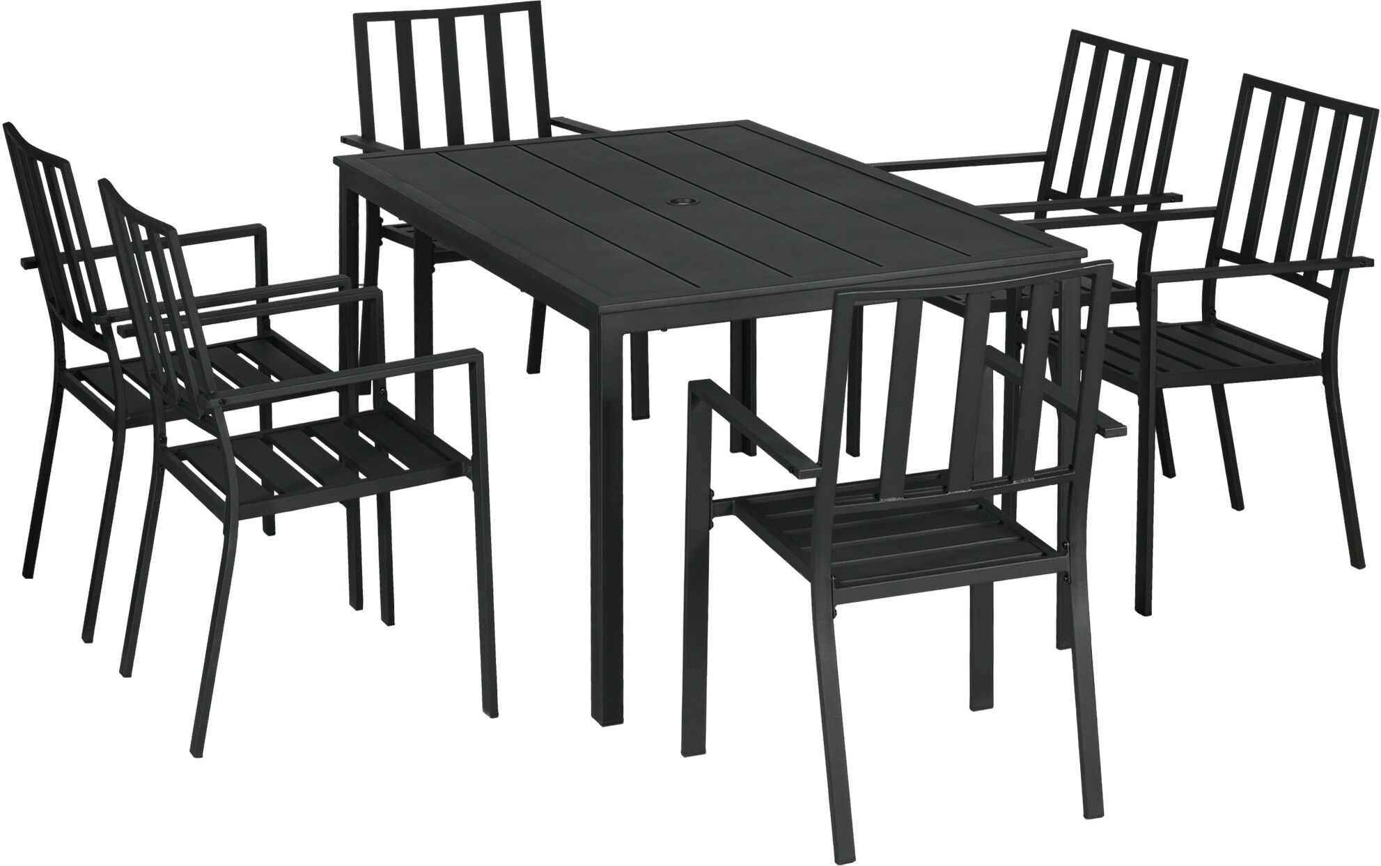 Outsunny 7 Pieces Garden Dining Set, Outdoor Table and 6 Stackable Chairs, Metal Top Table with Umbrella Hole, Black