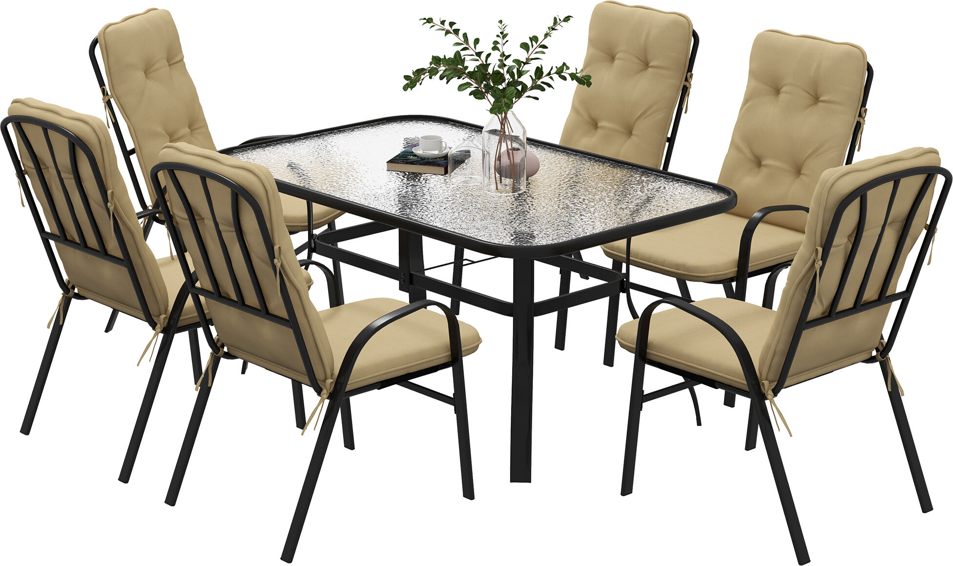 Outsunny 7 Piece Garden Dining Set, Outdoor Dining Table and 6 Cushioned Armchairs, Tempered Glass Top Table w/ Umbrella Hole, Texteline Seats, Beige