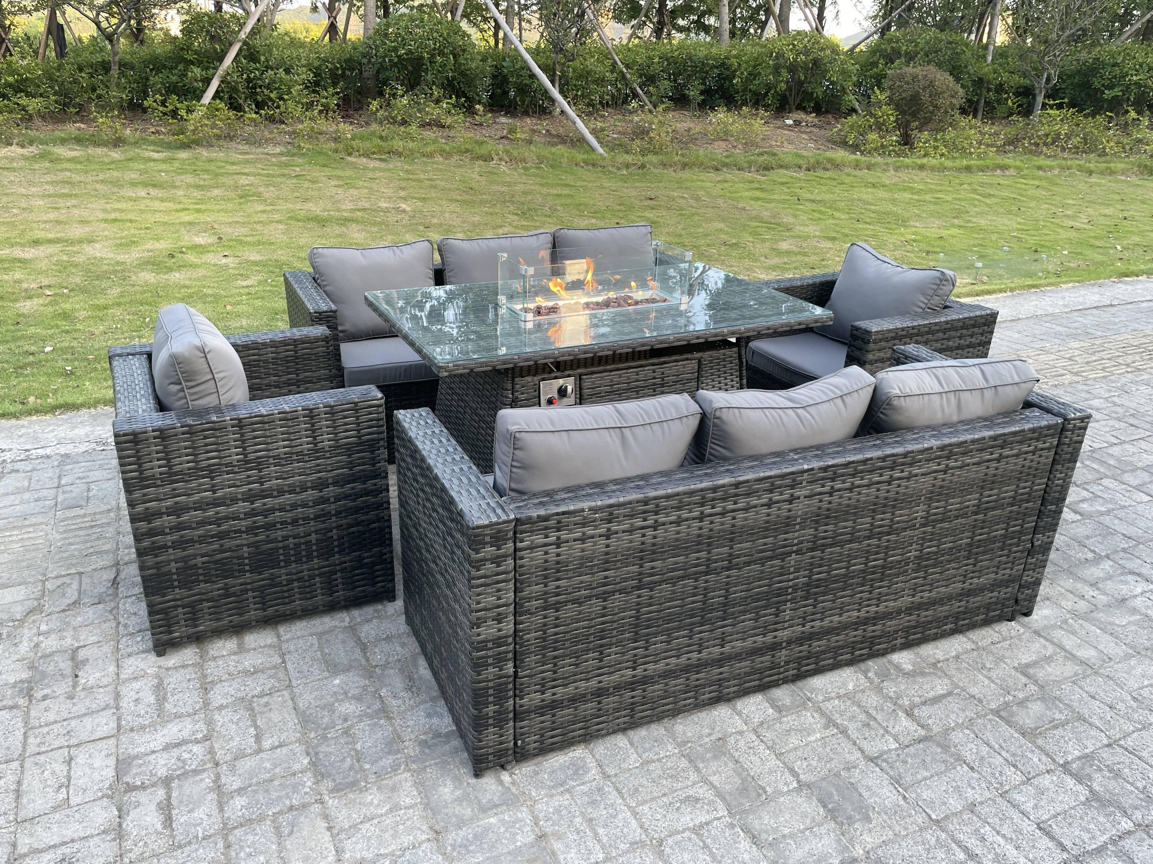 Fimous Outdoor Rattan Garden Furniture Gas Fire Pit Table Sets Gas Heater Lounge Chairs Dark Grey 8 Seater