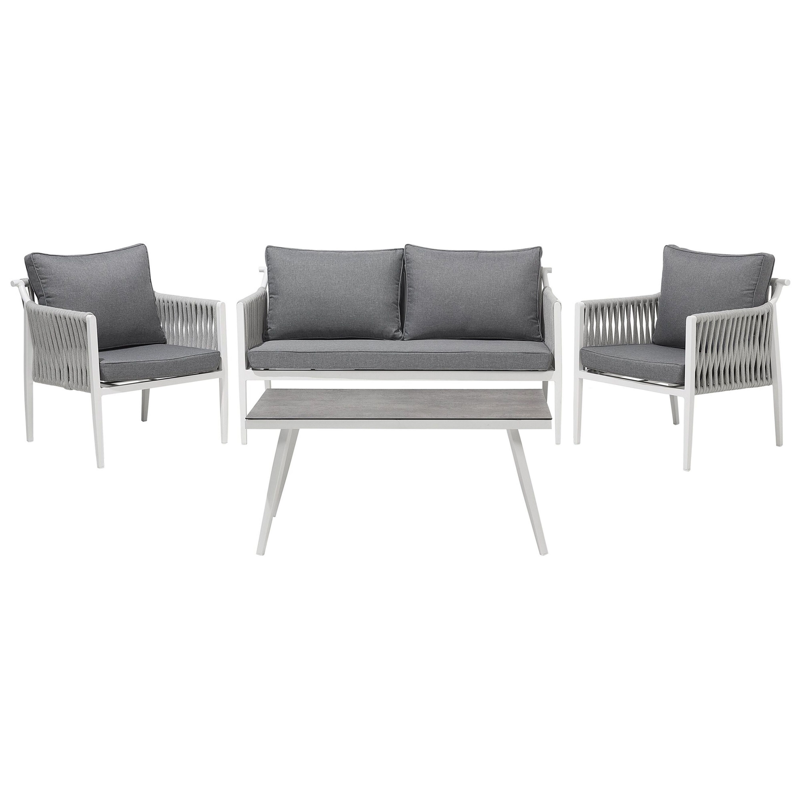 Beliani 4 Piece Garden Sofa Set White Aluminium Grey Cushions 4 Seater Table Sofa 2 Chairs