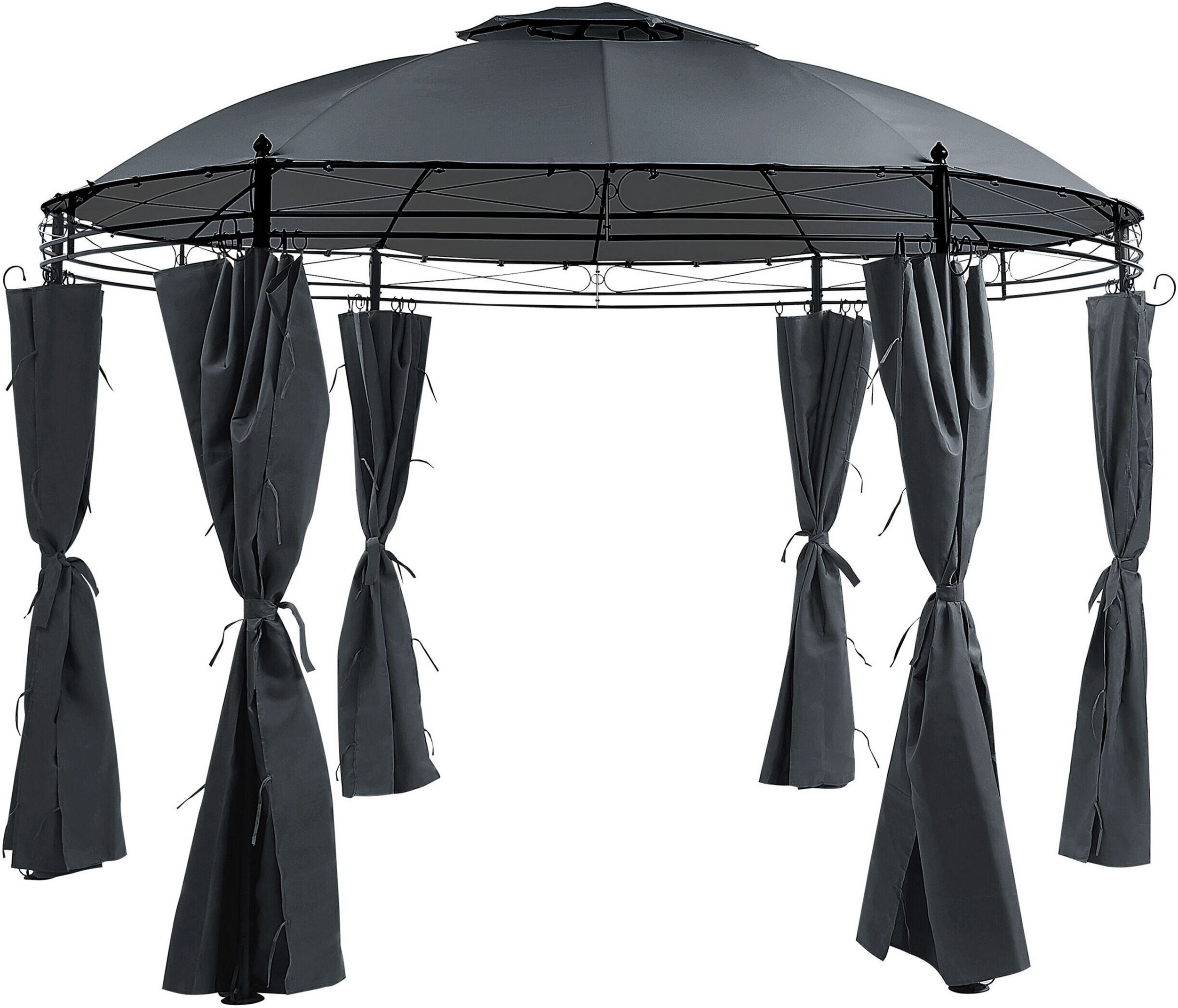 Beliani Gazebo Dark Grey Fabric Black Steel Frame Round 368 cm Curtains Garden