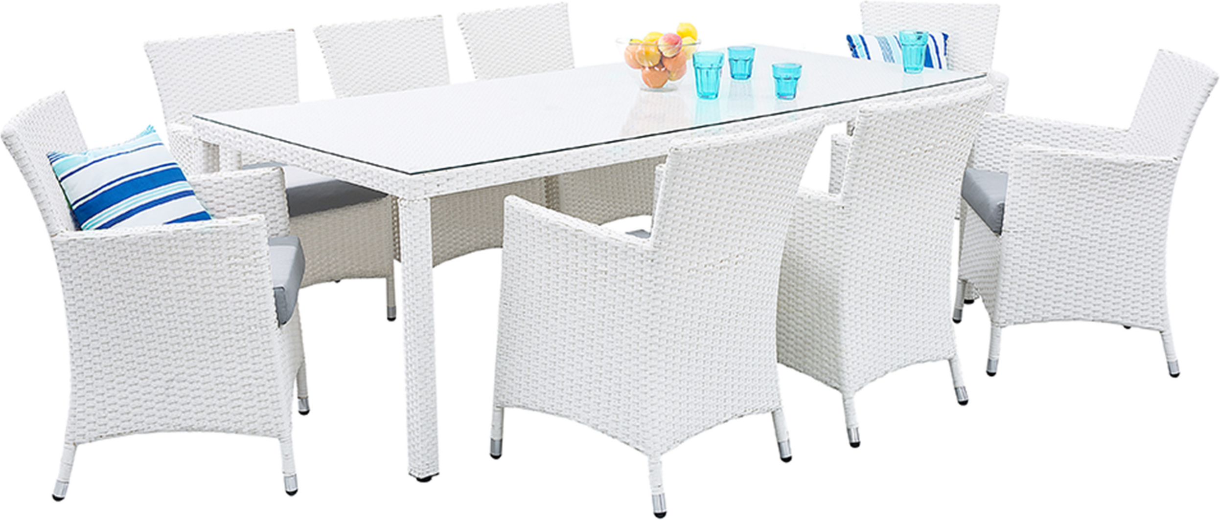 Beliani Garden Dining Set White Faux Rattan Grey Cushions Outdoor 8 Seater Rectangular Table Chairs