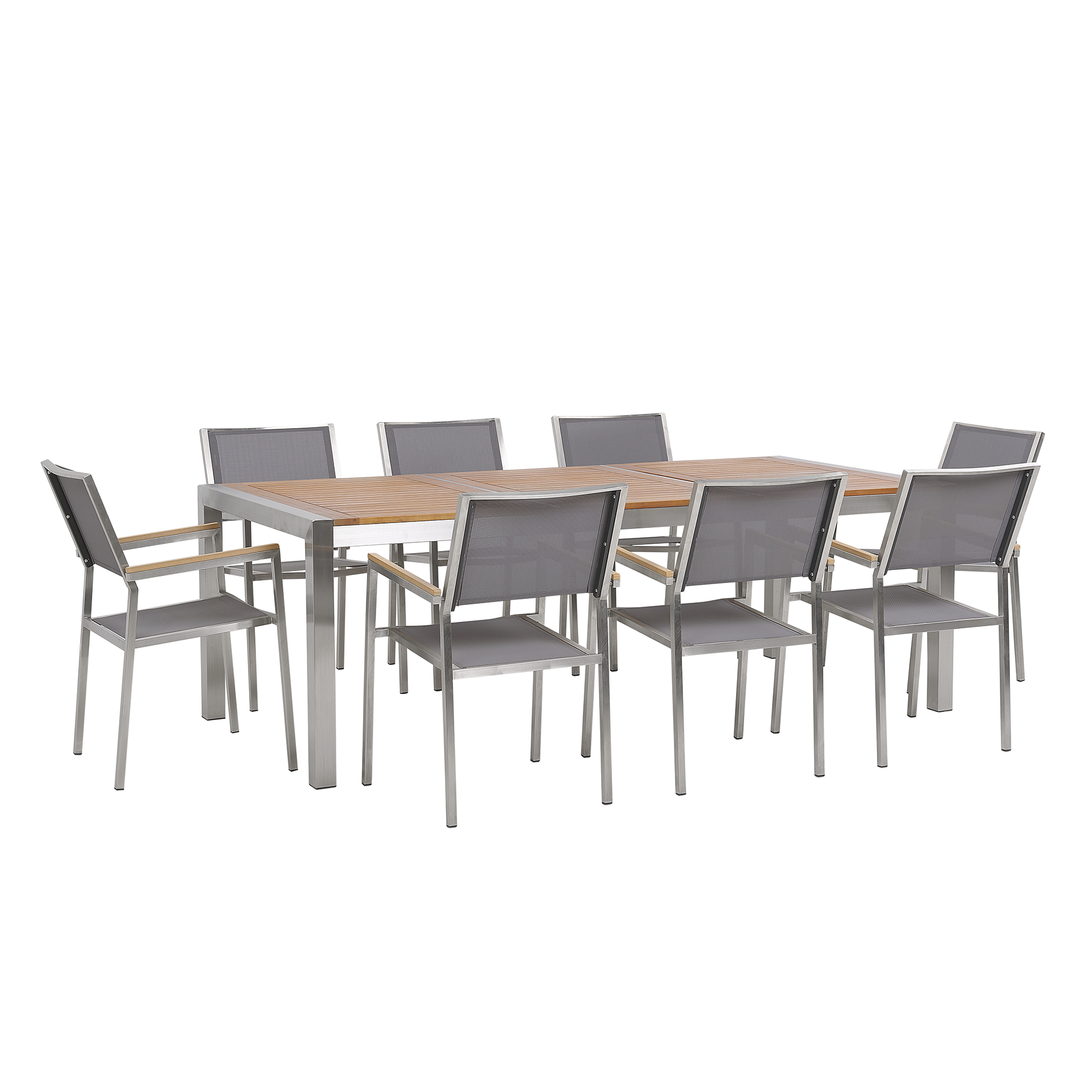 Beliani Garden Dining Set Light Eucalyptus Wood Top Steel Frame 220 x 100 cm with 8 Grey Chairs