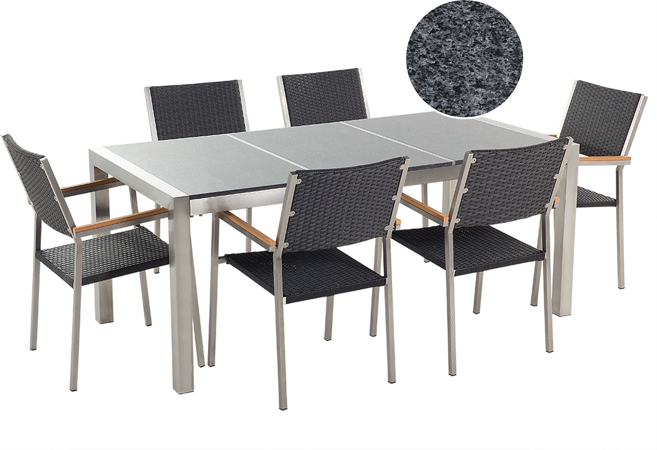 Beliani Garden Dining Set Black with Black Granite Table Top Rattan Chairs 6 Seats 180 x 90 cm