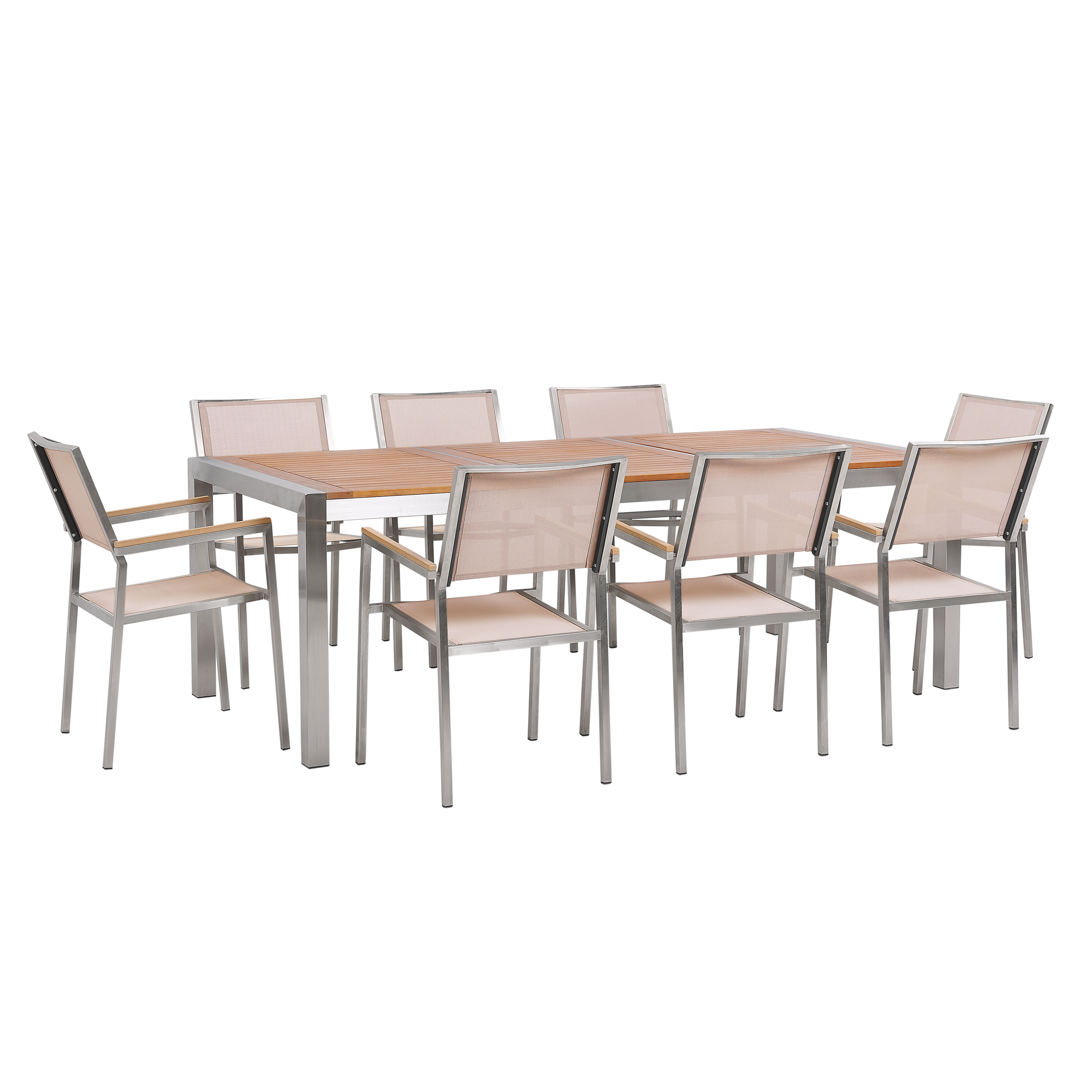 Beliani Garden Dining Set Light Eucalyptus Wood Top Steel Frame 220 x 100 cm with 8 Beige Chairs