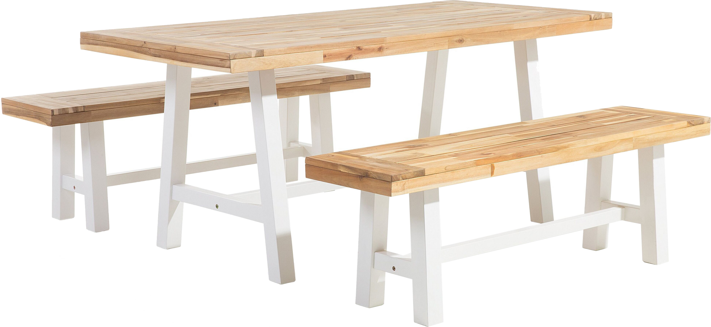 Beliani Garden Dining Set Light Wood Top White Legs Outdoor 3 Pieces Acacia Wood Rectangular Table 2 Benches