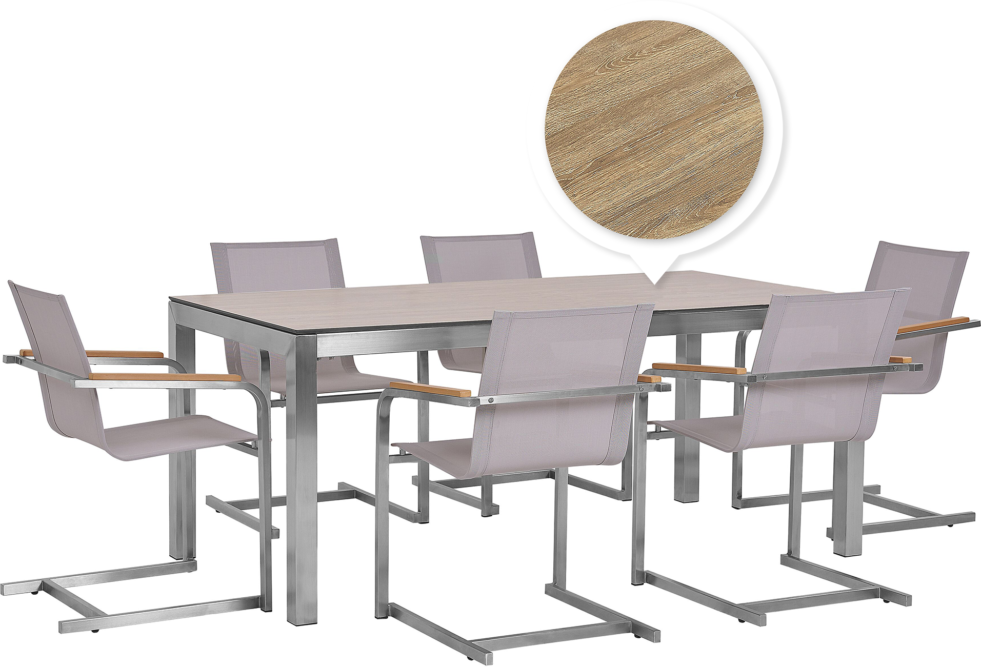 Beliani Garden Dining Set Beige with HPL Oak Finish Table Top 6 Seats 180 x 90 cm