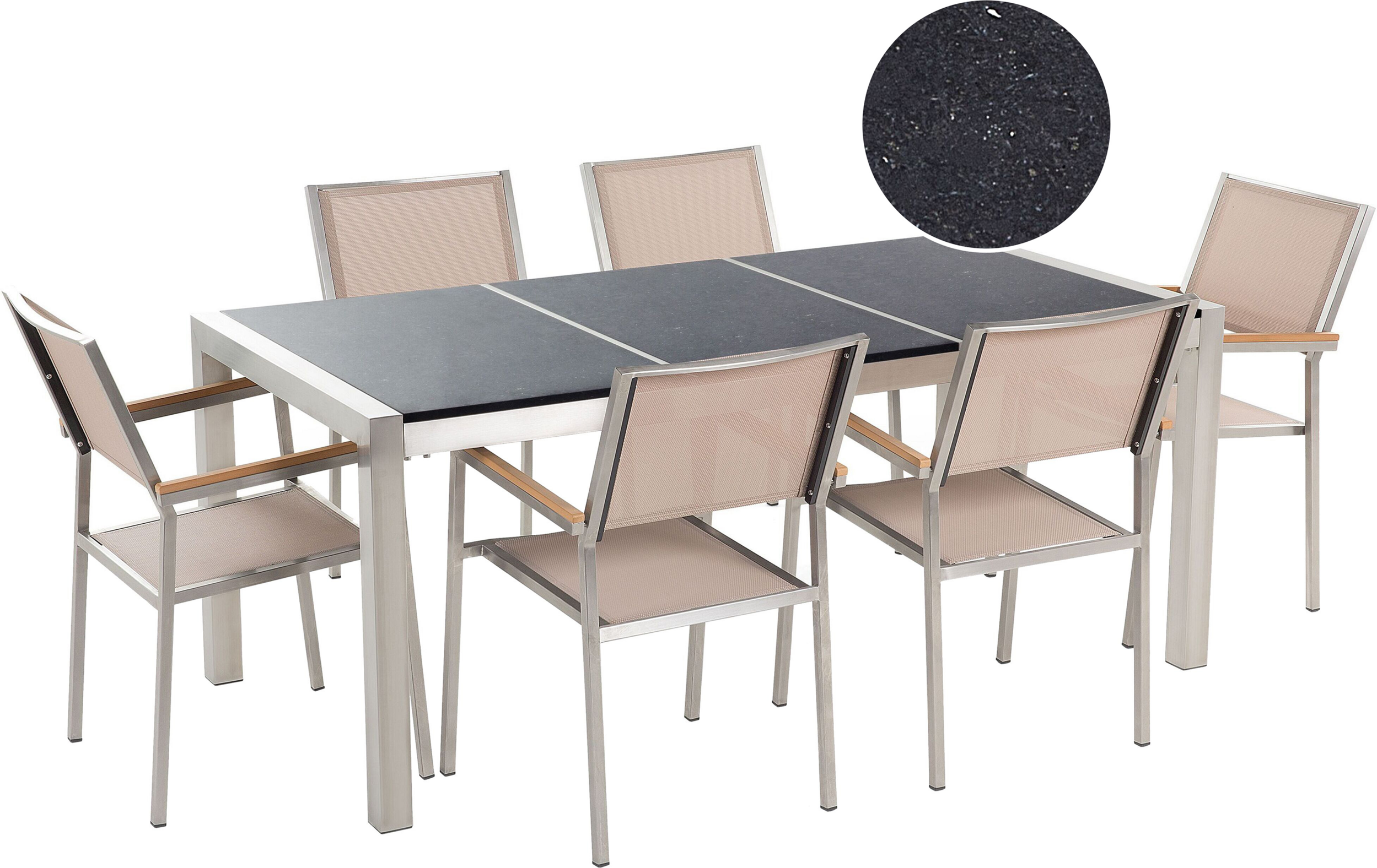 Beliani Garden Dining Set Beige with Black Granite Table Top 6 Seats 180 x 90 cm Triple Plate