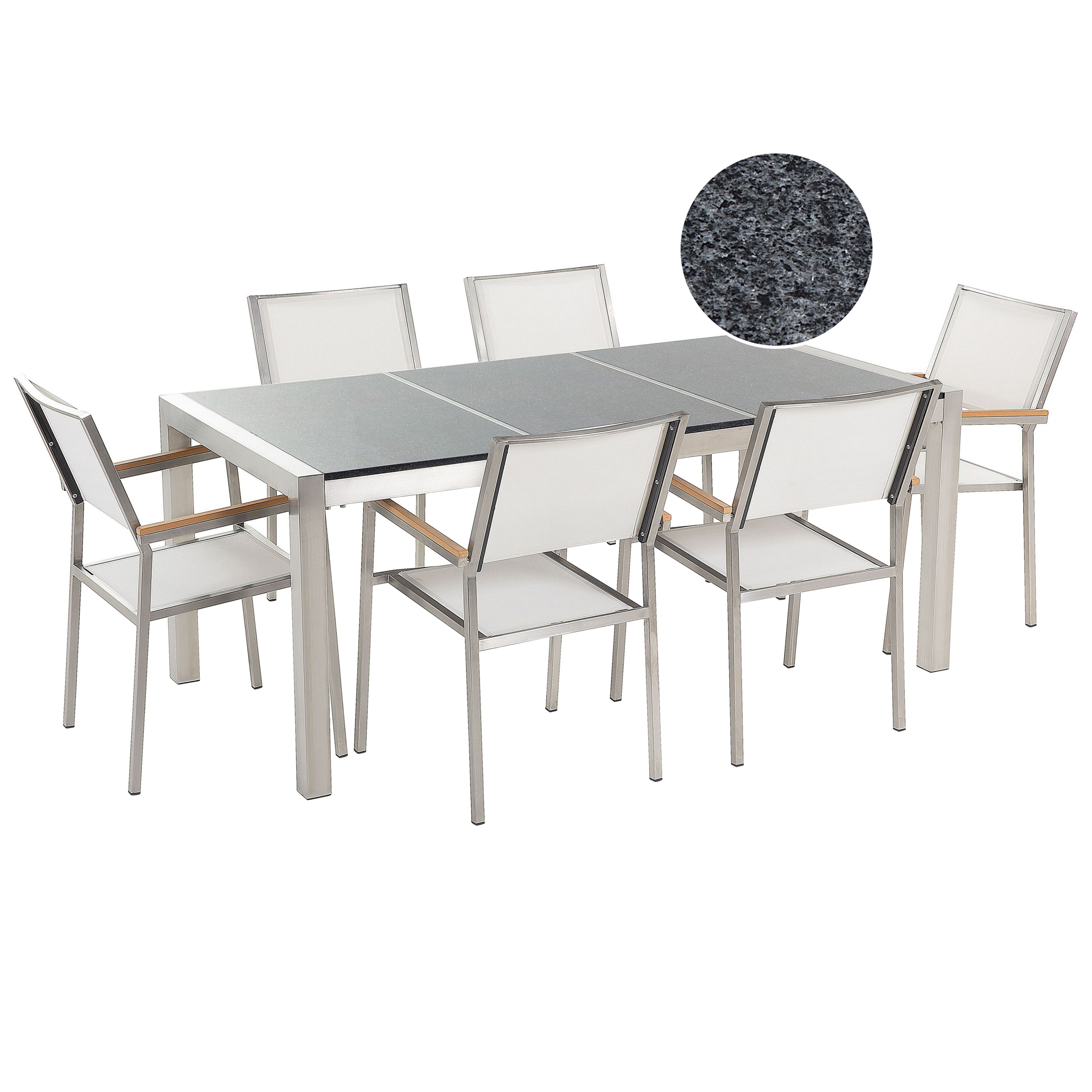 Beliani Garden Dining Set White with Grey Granite Table Top 6 Seats 180 x 90 cm Triple Plate