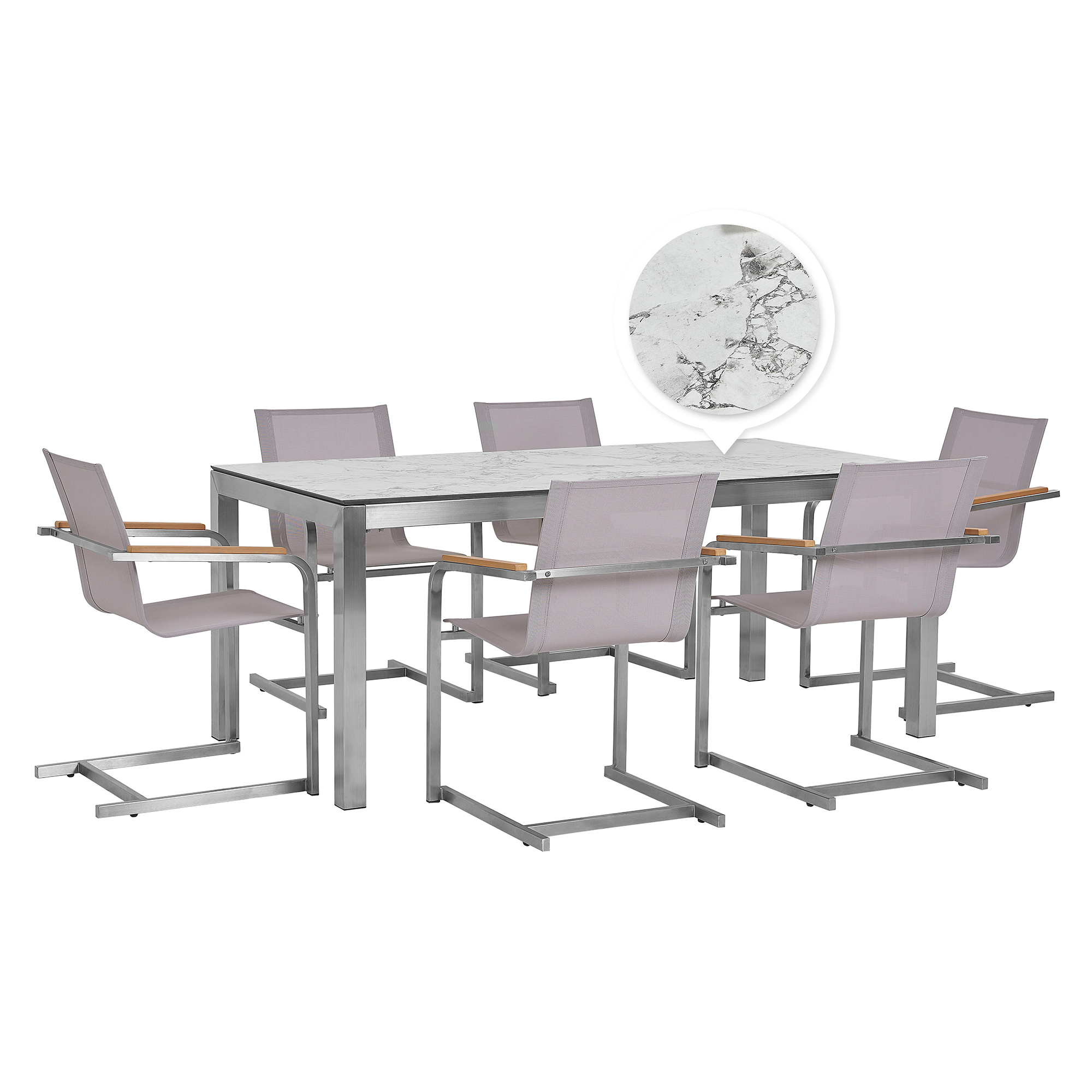 Beliani Garden Dining Set Beige with HPL Marble Finish Table Top 6 Seats 180 x 90 cm