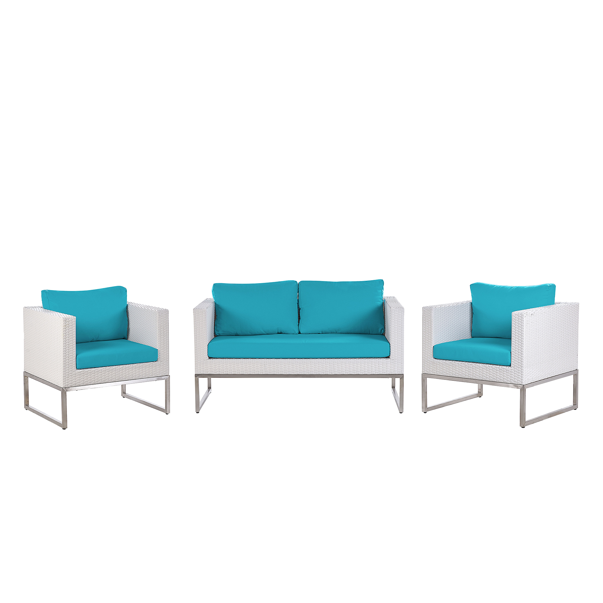 Beliani 3 Piece Garden Lounge Set White Faux Rattan Turquoise Cushions Outdoor 4 Seater Set
