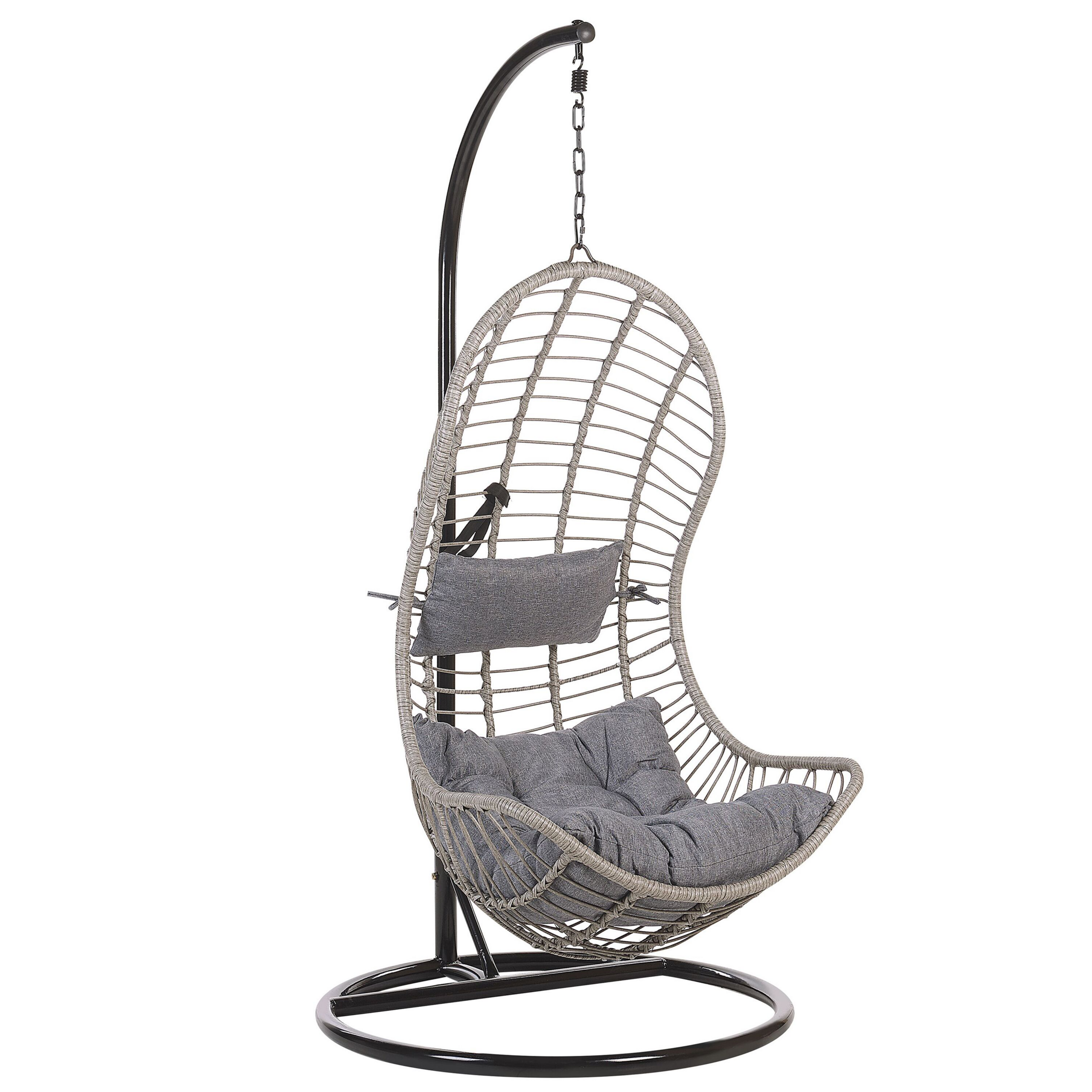 Beliani Hanging Chair Grey Rattan Metal Frame Indoor-Outdoor Curved Shape Boho