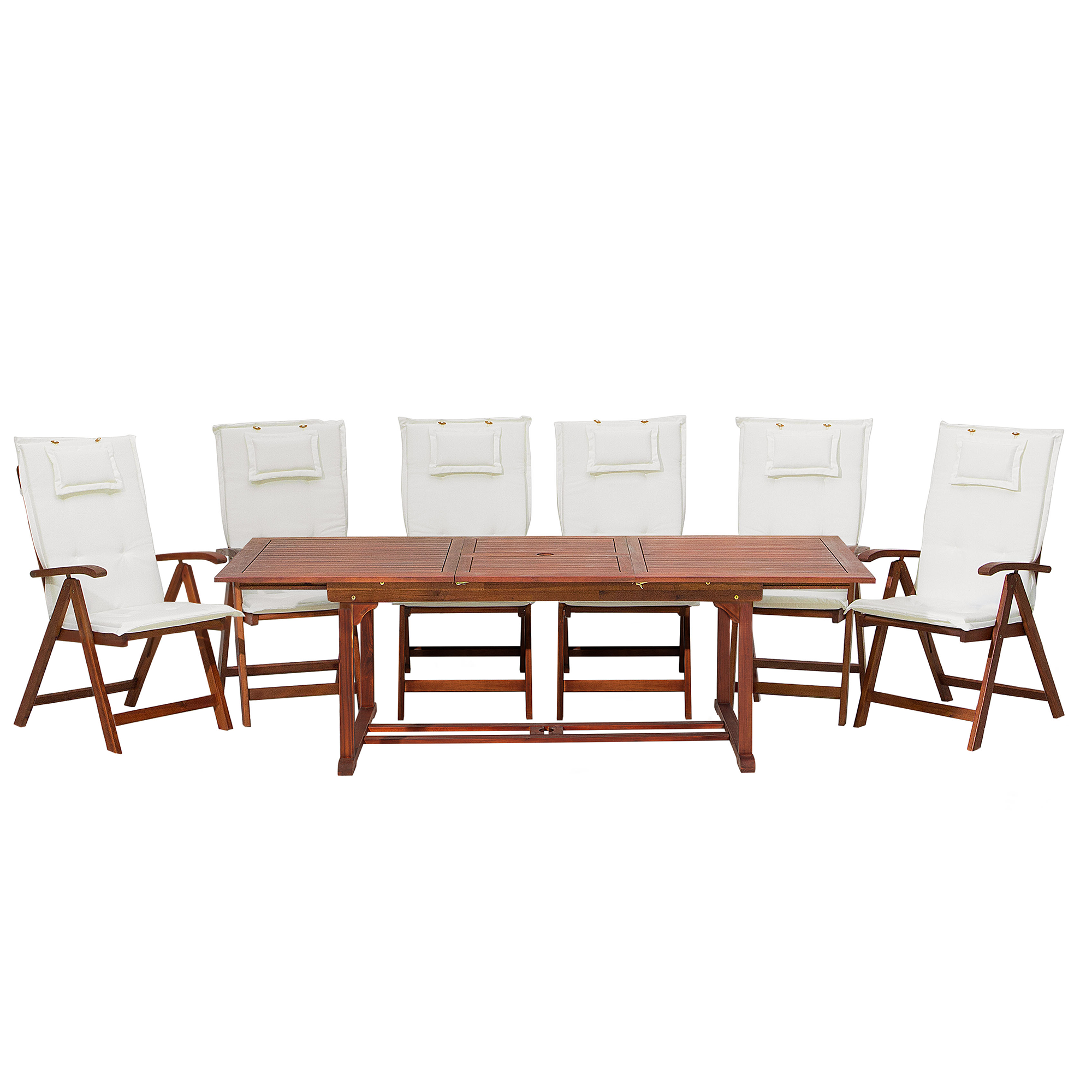 Beliani Garden Dining Set Dark Acacia Wood with Off-White Cushions Adjustable Folding Outdoor Chairs 6 Seater Table