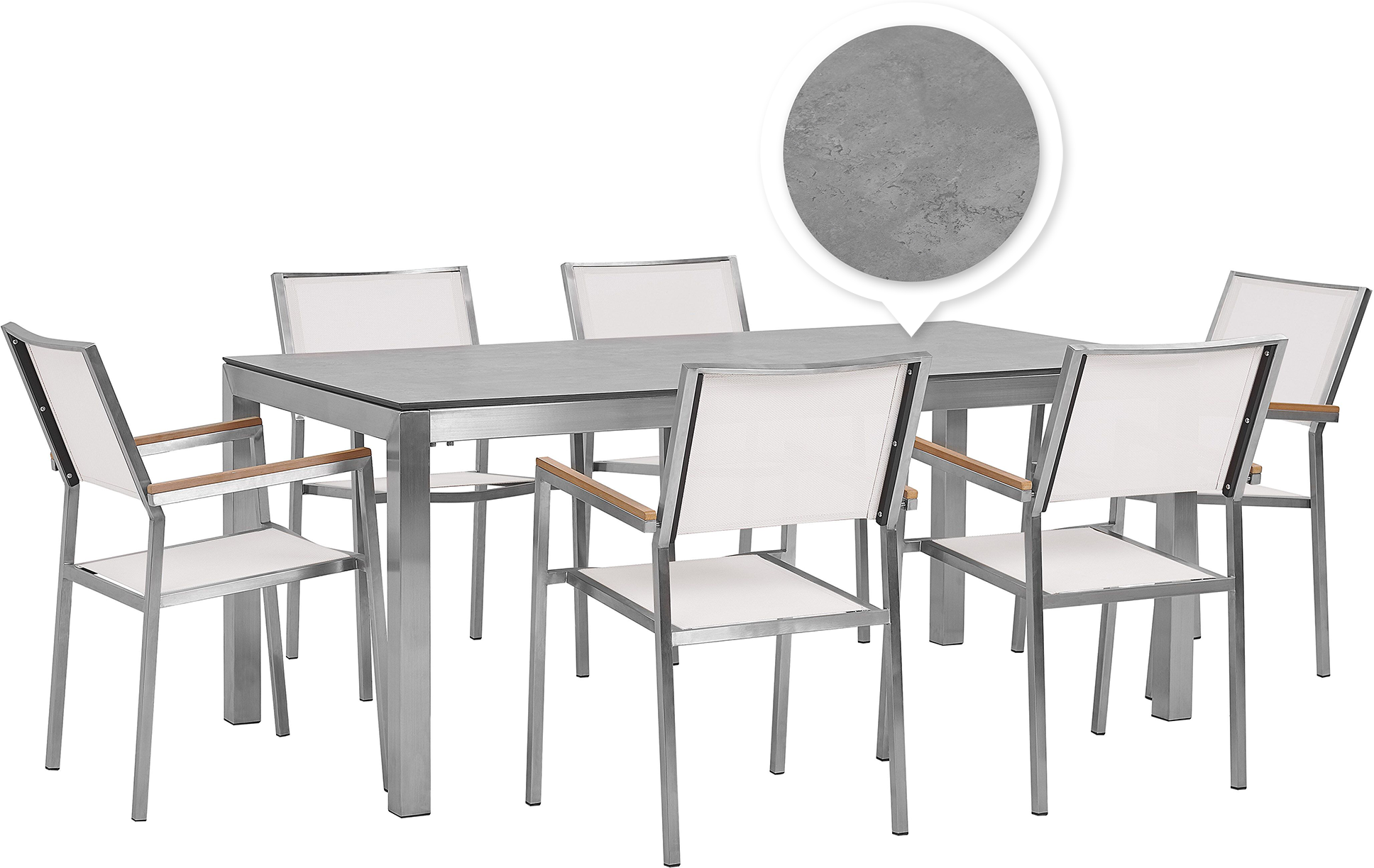 Beliani Garden Dining Set Concrete Veneer HPL Top Steel Frame 180 x 90 cm with 6 White Chairs