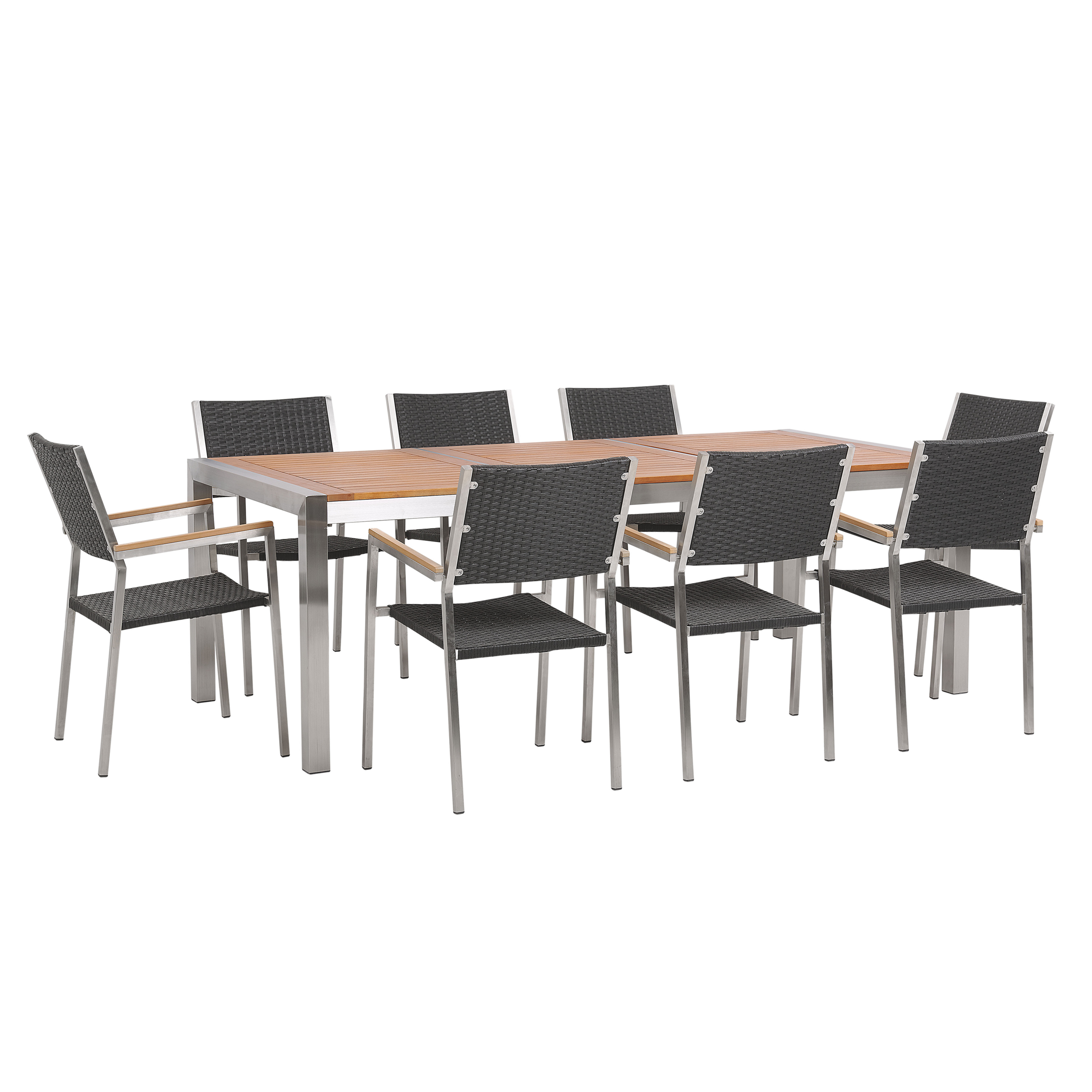 Beliani Garden Dining Set Light Eucalyptus Wood Top Steel Frame 220 x 100 cm with 8 Black Rattan Chairs